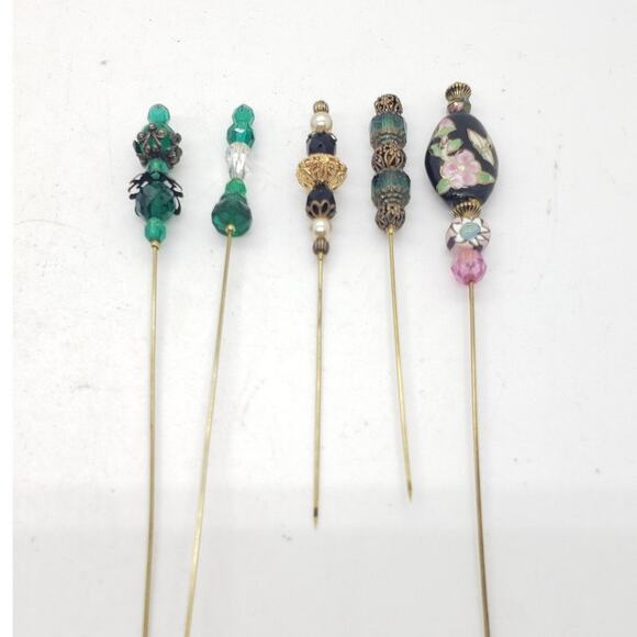 Handmade Jewelry - Vintage antique Hat Pins Set 5 Assorted Glass Brass Floral Cloisonne Victorian